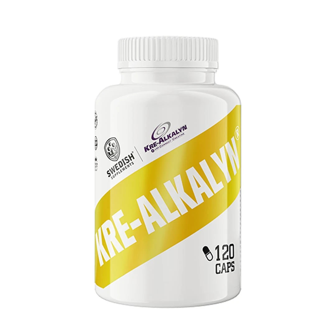 Swedish Supplements Kre-Alkalyn 120 caps -kreatiini valkoisessa purkissa keltaisilla graafisilla yksityiskohdilla.