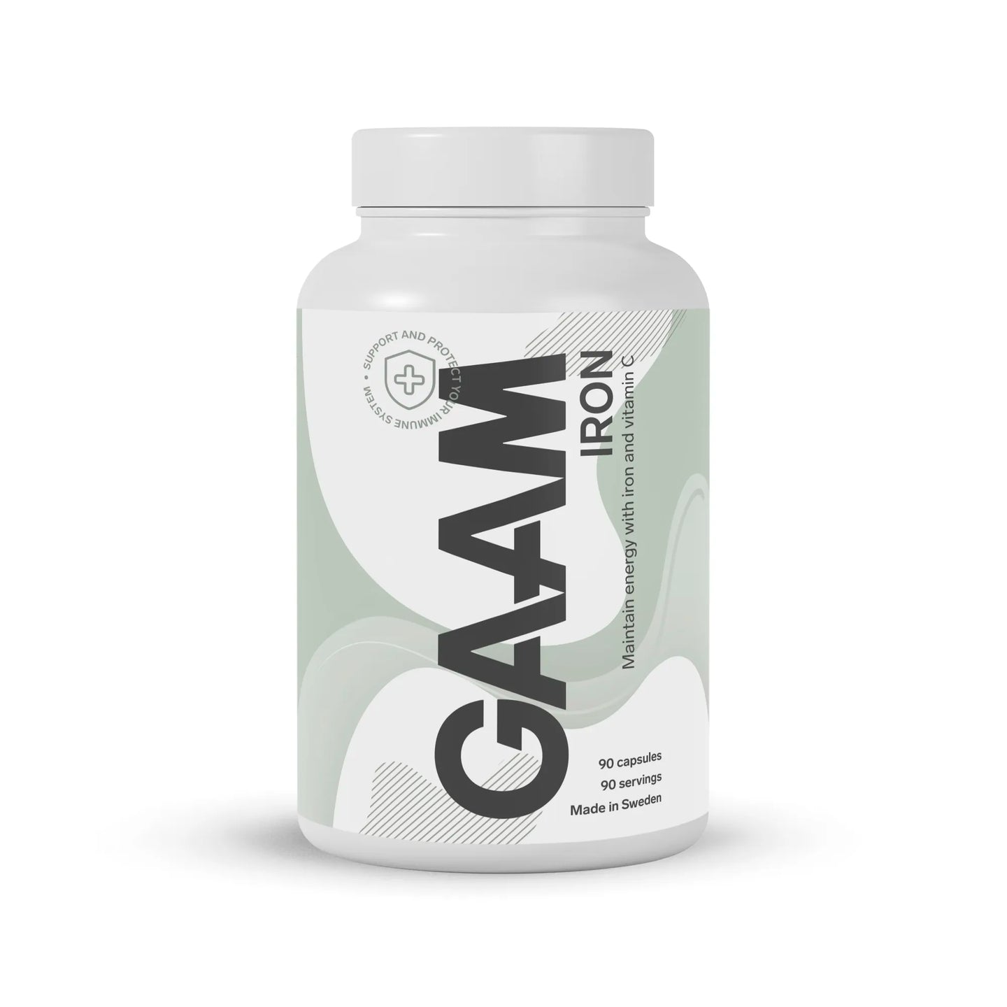 GAAM Iron 90 caps -rautalisä valkoisessa purkissa vaaleanvihreillä yksityiskohdilla.