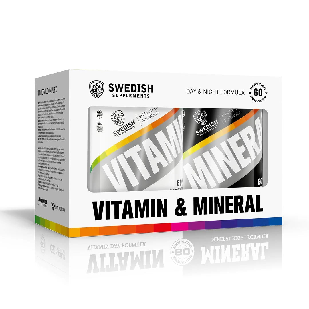 Swedish Supplements Vitamin & Mineral Complex valkoisessa ikkunapakkauksessa, jossa on valkoinen ja musta purkki.
