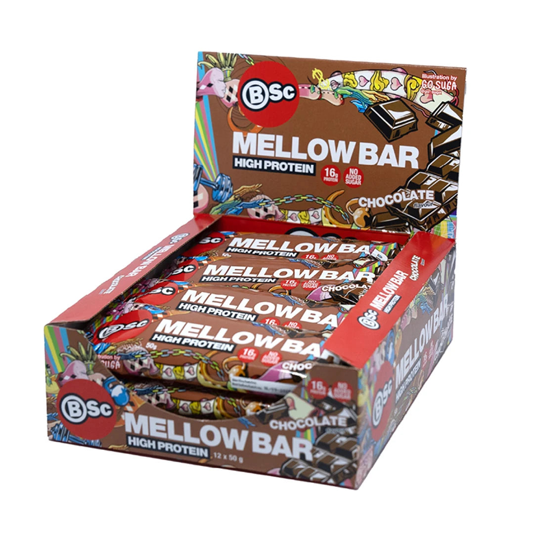 12 x BSc Mellow Bar 50 g Chocolate -proteiinipatukoita värikkäässä pahvisessa esittelylaatikossa.