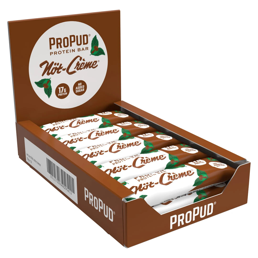 12 x NJIE Propud Proteinbar 55 g Nöt-Creme ruskeassa esittelylaatikossa, joka sisältää valko-ruskeita proteiinipatukoita.