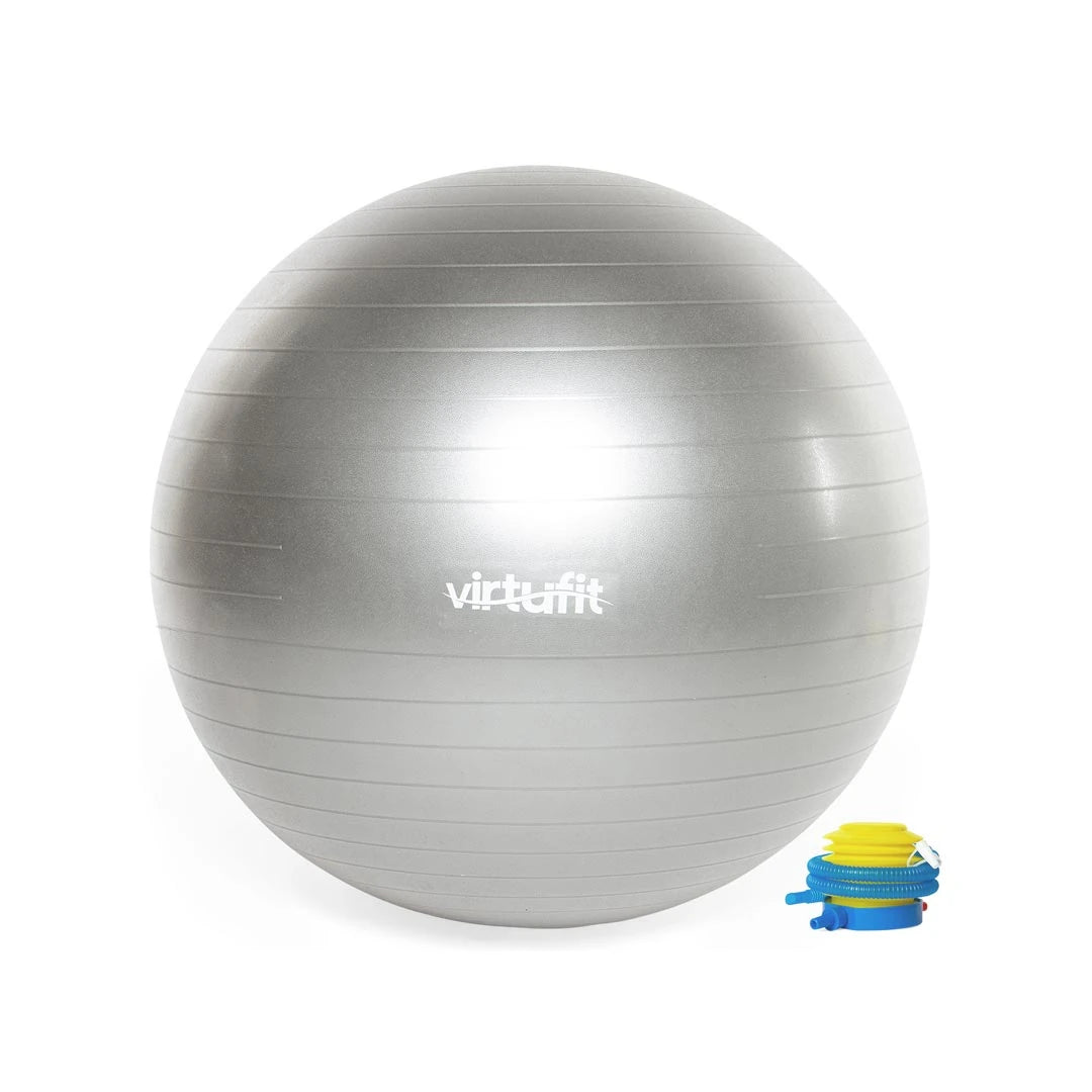 Hopeanvärinen PVC-materiaalista valmistettu Virtufit Gym Ball + Pump 55 cm -jumppapallo ja pumppu.