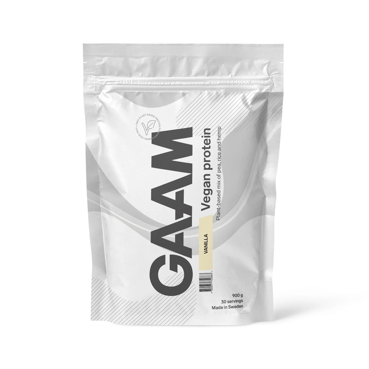 GAAM Vegan Protein 900 g -proteiinijauhe valkoisessa pussissa vaaleankeltaisilla yksityiskohdilla, makuna Vanilla.