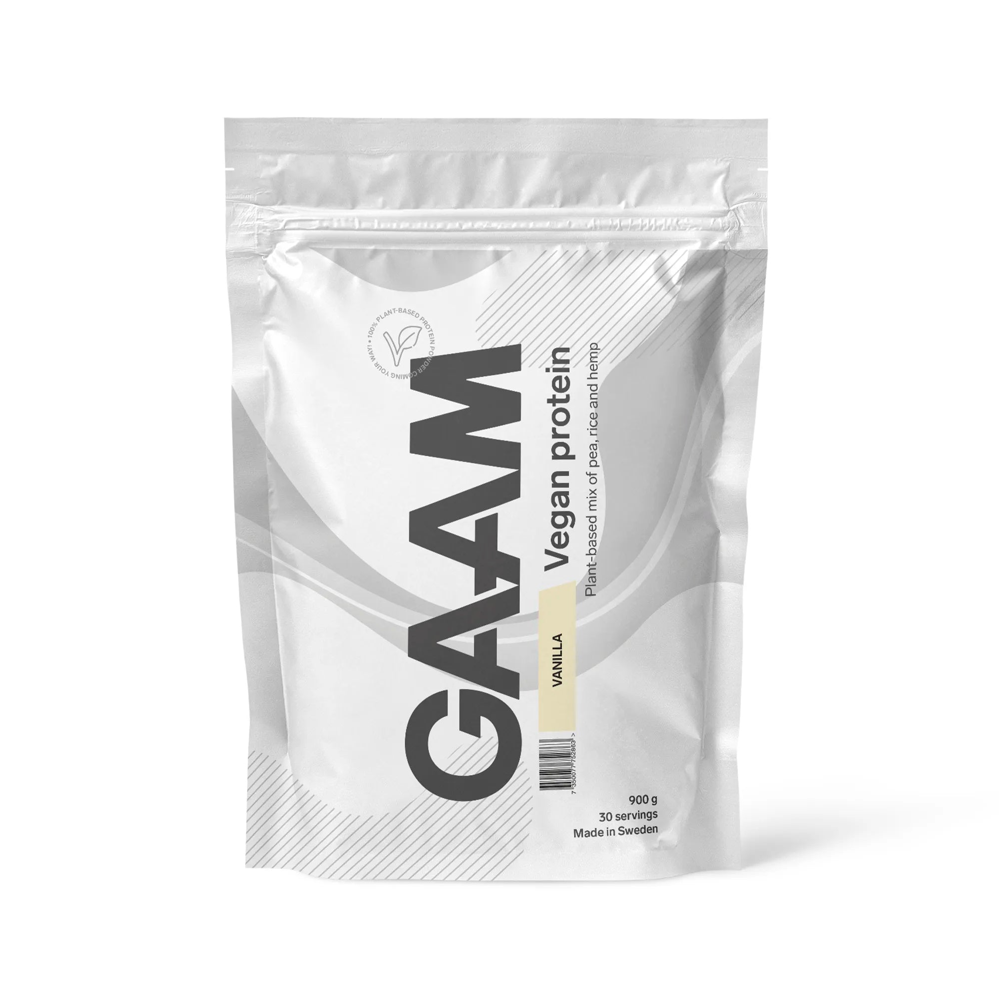 GAAM Vegan Protein 900 g -proteiinijauhe valkoisessa pussissa vaaleankeltaisilla yksityiskohdilla, makuna Vanilla., kuva 2/4