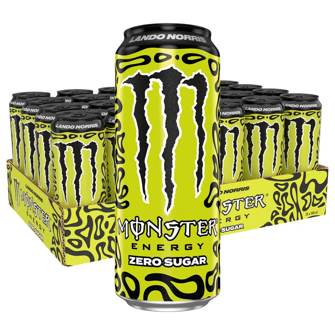 24 x Monster Energy 500 ml Lando Norris Zero Sugar keltaisessa laatikossa, joka on täynnä mustakuvioisia tölkkejä.