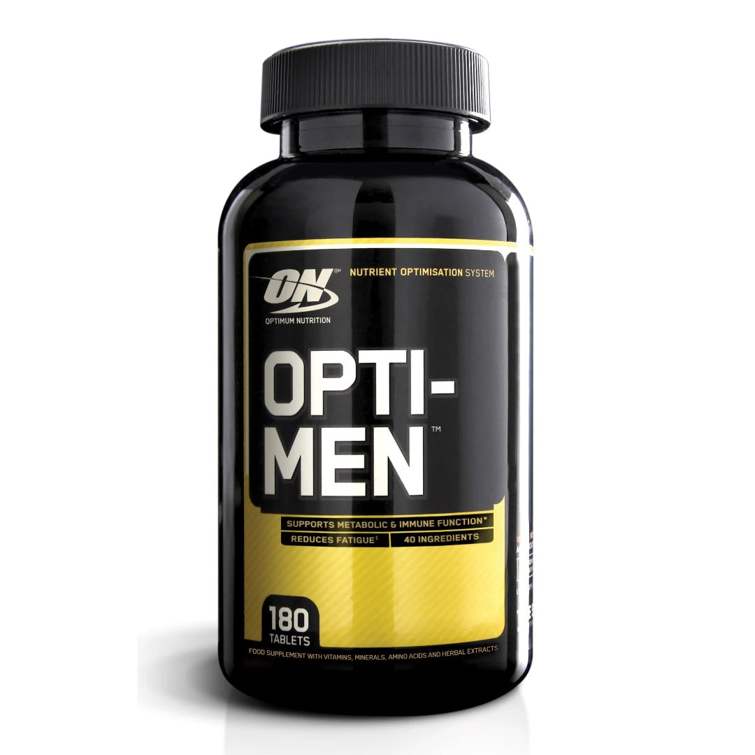 Optimum Nutrition Opti-Men 180 tabs -monivitamiini mustassa purkissa, jossa on keltainen etiketti.