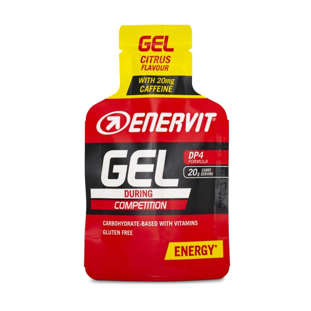 Enervit Sport Gel 25 ml -energiageeli punaisessa ja keltaisessa kerta-annospakkauksessa, makuna Citrus.