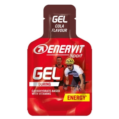 Enervit Sport Gel 25 ml -energiageeli punaisessa ja ruskeassa annospakkauksessa, makuna Cola.