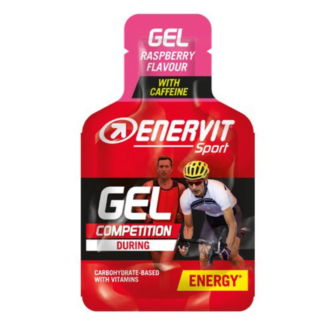 Enervit Sport Gel 25 ml -energiageeli punaisessa annospussissa vaaleanpunaisin yksityiskohdin, makuna vadelma., kuva 3/3