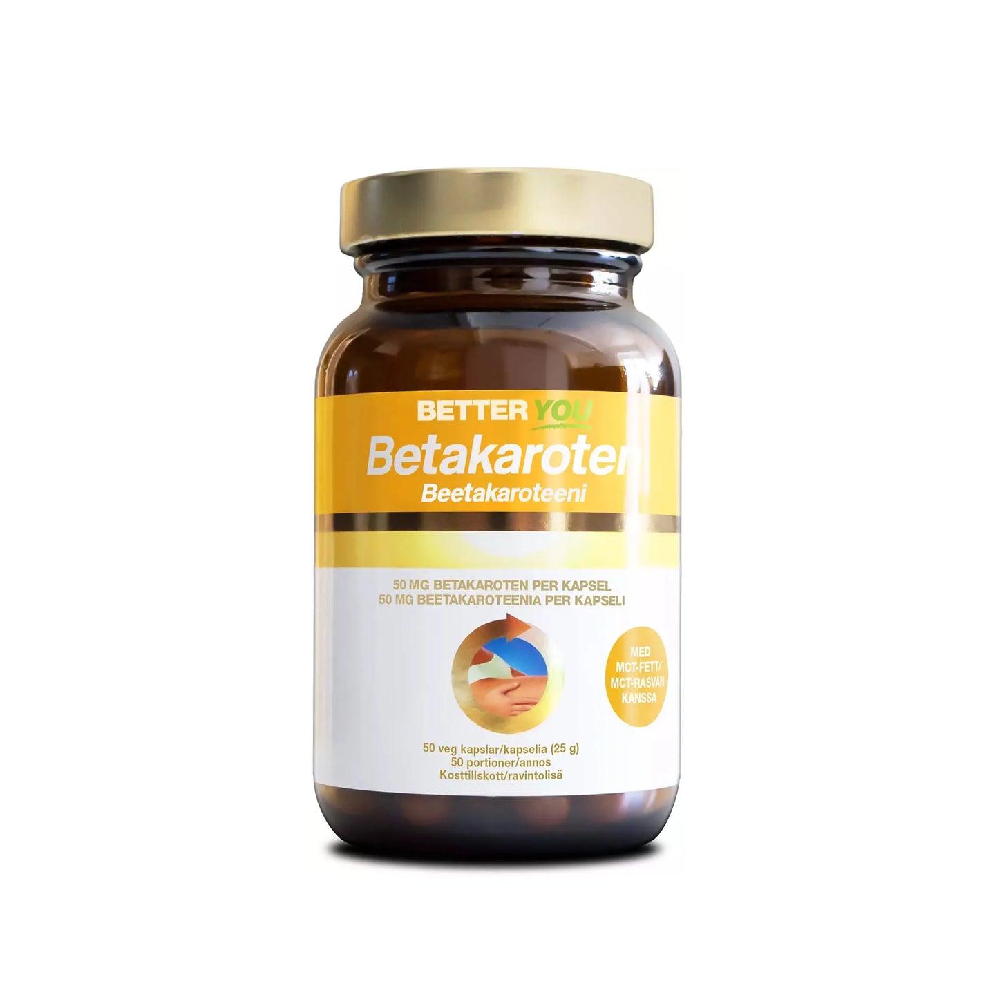 Better You Betakaroten 50 mg 50 caps ruskeassa purkissa, jossa on kultainen kansi ja keltavalkoinen etiketti.