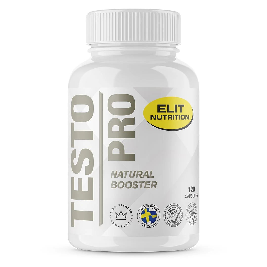 Elit Nutrition Testo PRO 120 caps -ravintolisä valkoisessa muovipurkissa hopeanharmailla ja keltaisilla yksityiskohdilla.