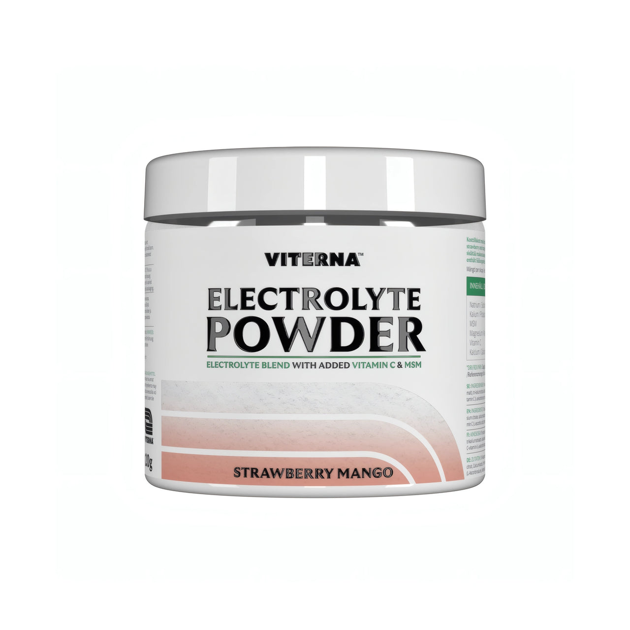 Viterna Electrolyte Powder 120 g -elektrolyyttijauhe valkoisessa purkissa vaaleanpunaisin yksityiskohdin, makuna Strawberry Mango.