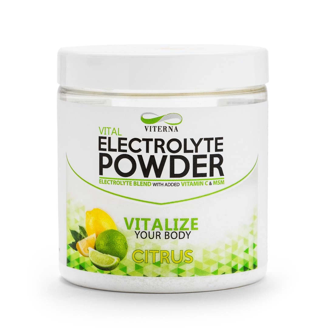 Viterna Electrolyte Powder 120 g -elektrolyyttijauhe valkoisessa purkissa vihreillä yksityiskohdilla, makuna Citrus.