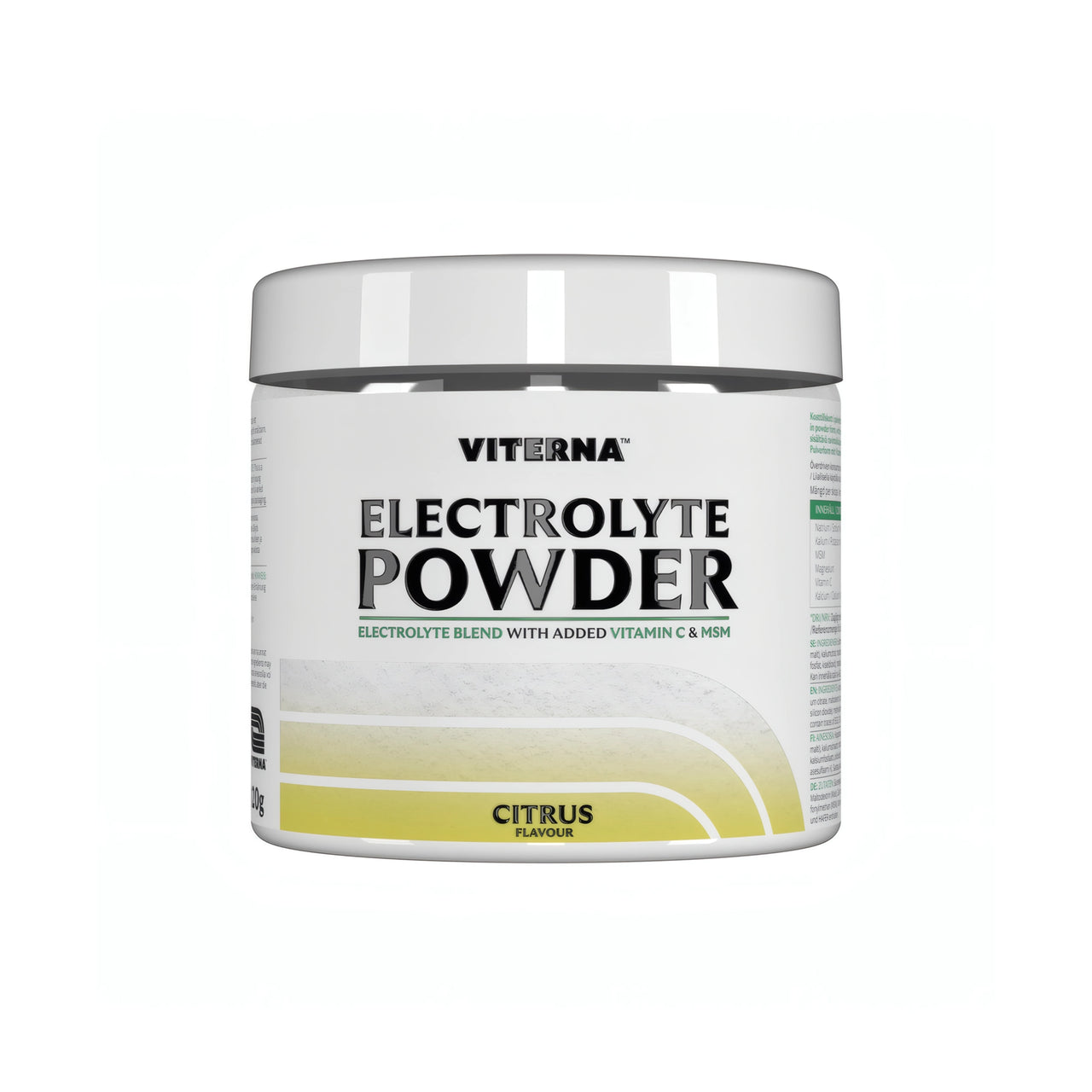 Viterna Electrolyte Powder 120 g -elektrolyyttijauhe valkoisessa purkissa keltaisin yksityiskohdin, makuna Citrus.