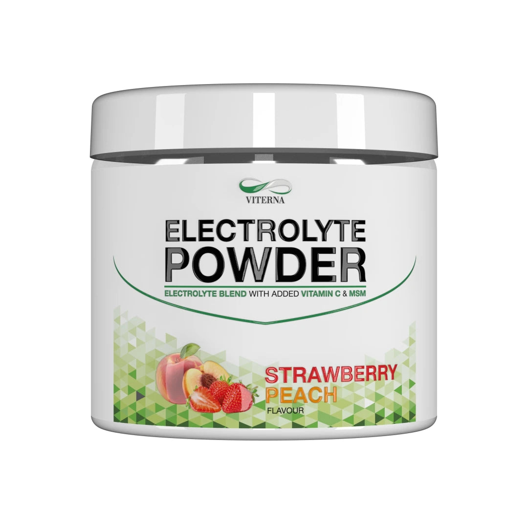 Viterna Electrolyte Powder 120 g valkoisessa purkissa vihreillä yksityiskohdilla, makuna Strawberry Peach., kuva 3/3