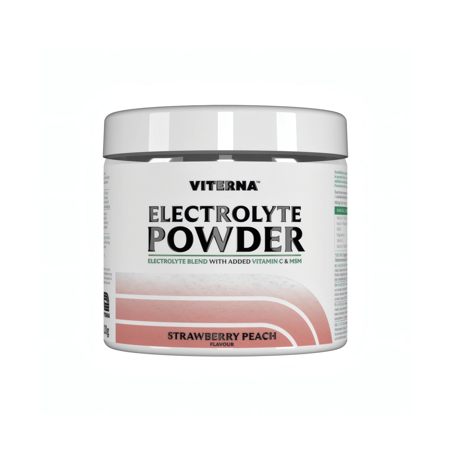 Viterna Electrolyte Powder 120 g -elektrolyyttijauhe valkoisessa purkissa vaaleanpunaisin yksityiskohdin, makuna Strawberry Peach., kuva 3/7