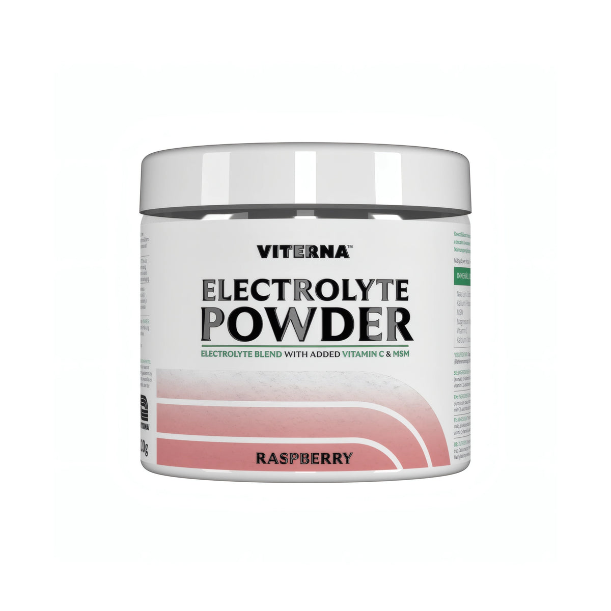 Viterna Electrolyte Powder 120 g -elektrolyyttijauhe valkoisessa purkissa vaaleanpunaisin yksityiskohdin, makuna Raspberry., kuva 4/7
