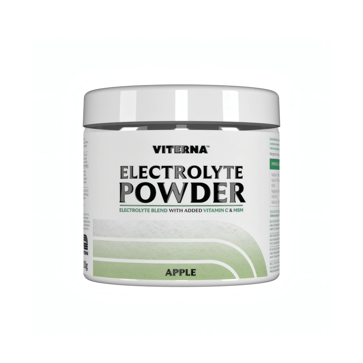 Viterna Electrolyte Powder 120 g -elektrolyyttijauhe valkoisessa purkissa vihrein yksityiskohdin, makuna Apple., kuva 5/7
