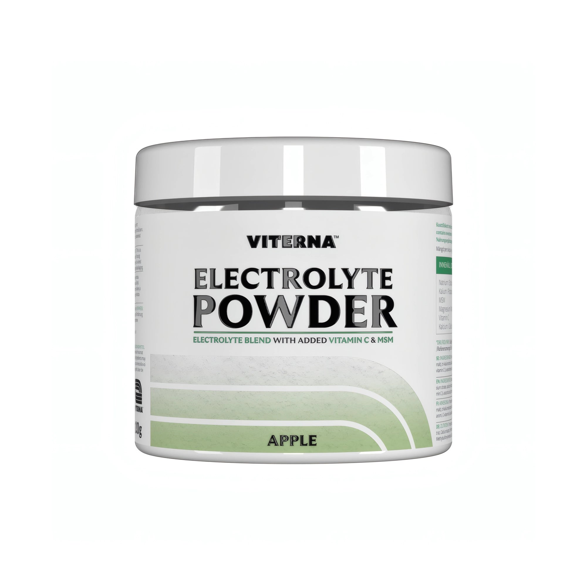 Viterna Electrolyte Powder 120 g -elektrolyyttijauhe valkoisessa purkissa vihrein yksityiskohdin, makuna Apple., kuva 5/7