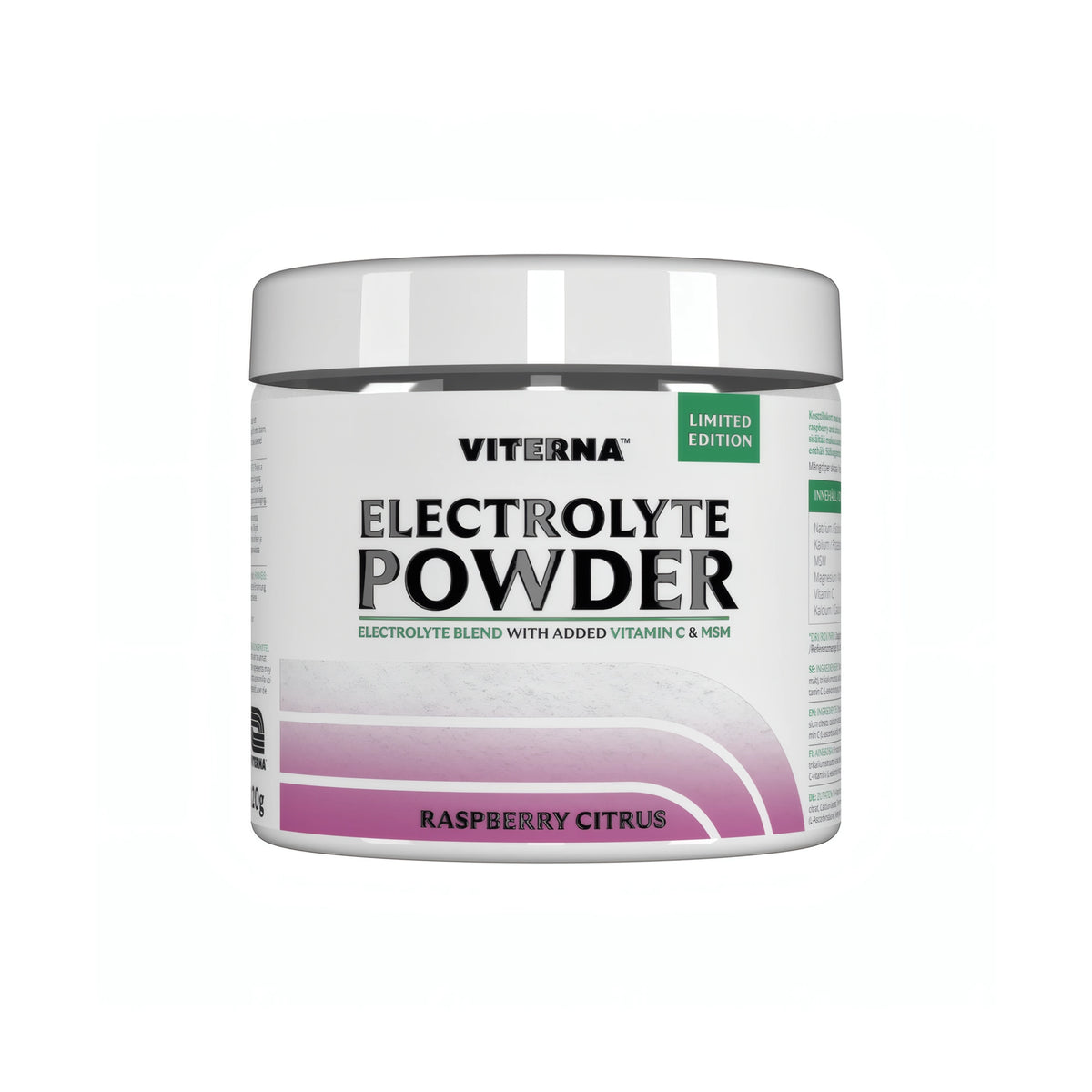 Viterna Electrolyte Powder 120 g -elektrolyyttijauhe valkoisessa purkissa vaaleanpunaisilla ja violeteilla yksityiskohdilla, makuna Raspberry Citrus., kuva 6/7