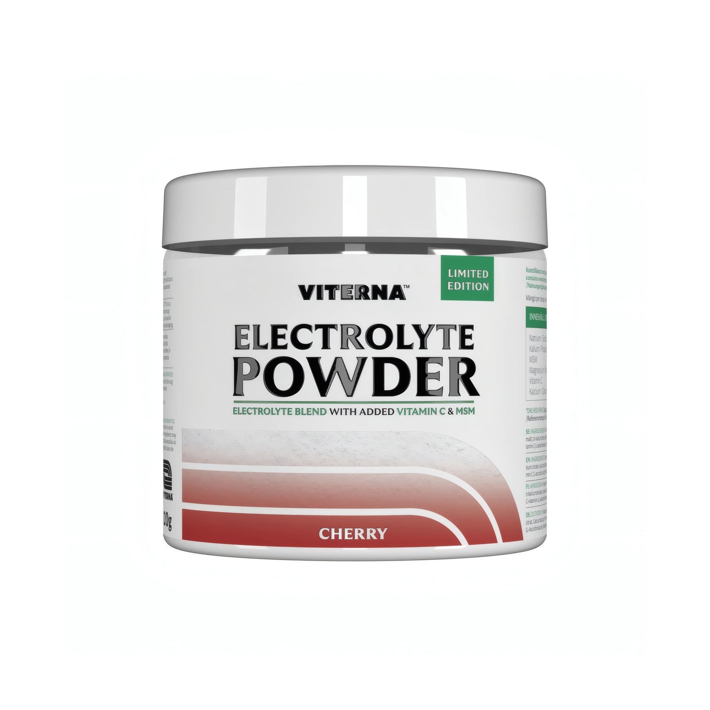 Viterna Electrolyte Powder 120 g -elektrolyyttijauhe valkoisessa purkissa punaisilla yksityiskohdilla, makuna Cherry., kuva 7/7