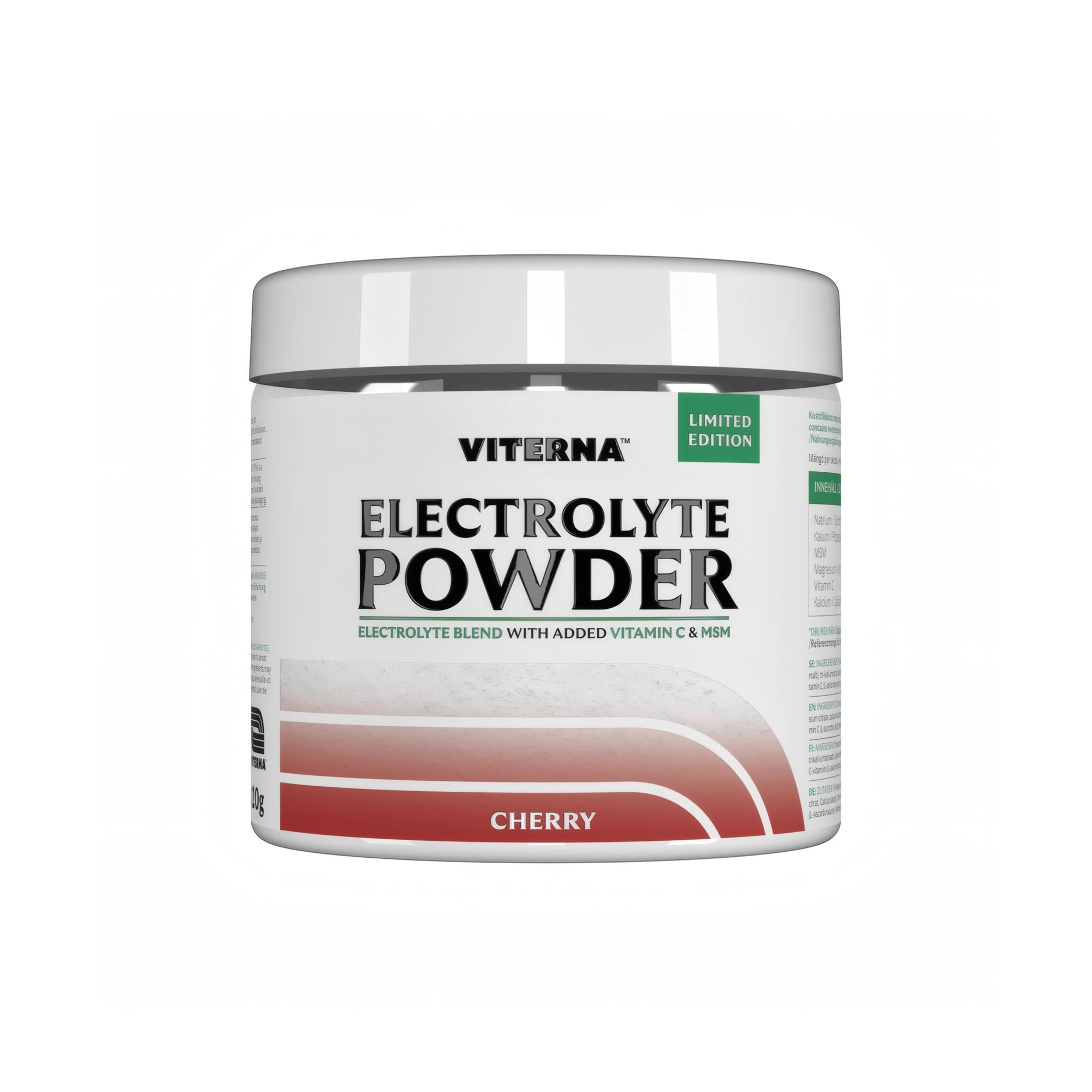 Viterna Electrolyte Powder 120 g -elektrolyyttijauhe valkoisessa purkissa punaisilla yksityiskohdilla, makuna Cherry., kuva 7/7