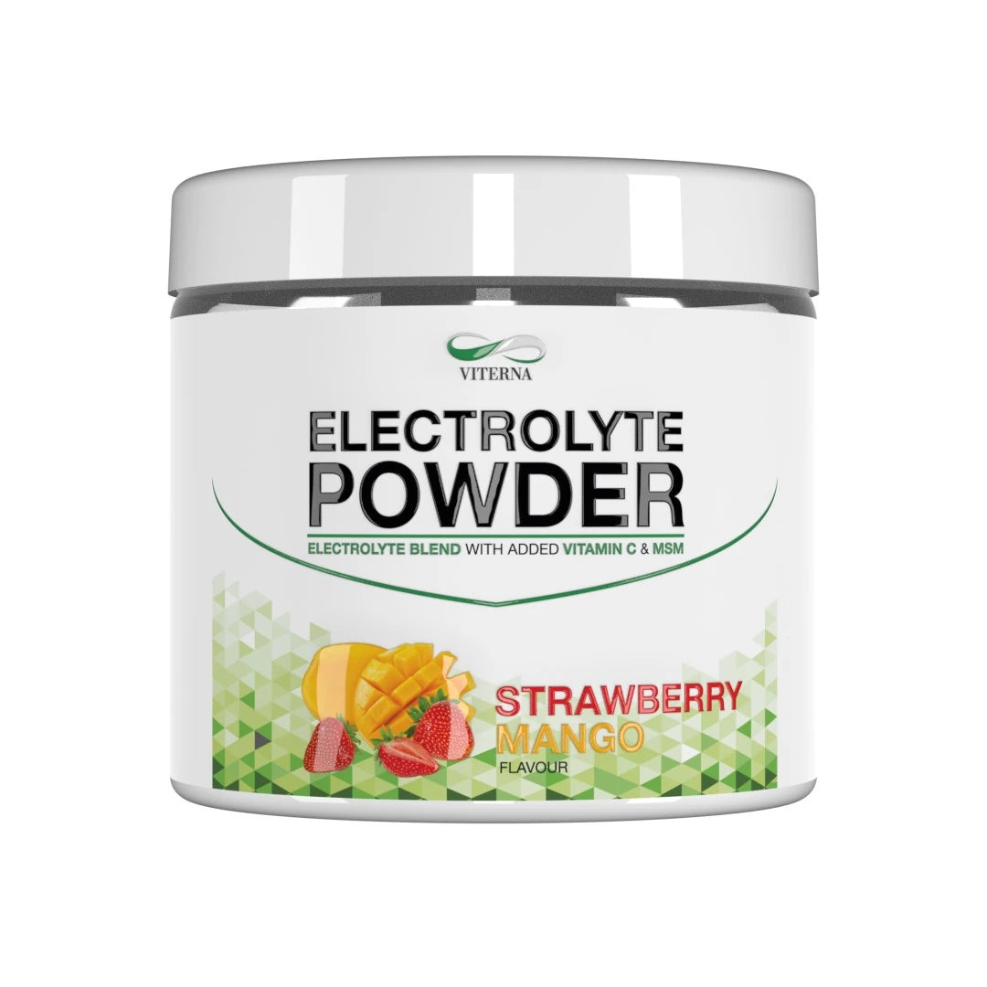 Viterna Electrolyte Powder 120 g, makuna Strawberry Mango, valkoisessa purkissa vihreällä grafiikalla ja hedelmäkuvilla.