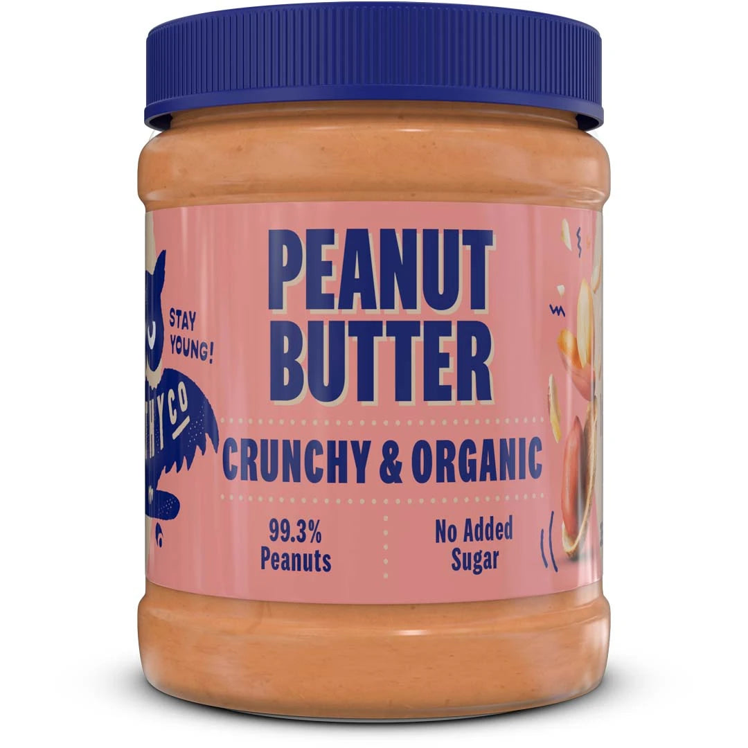 HealthyCo ECO Peanutbutter 350 g purkissa, jossa on tummansininen kansi ja vaaleanpunainen etiketti sinisellä tekstillä.