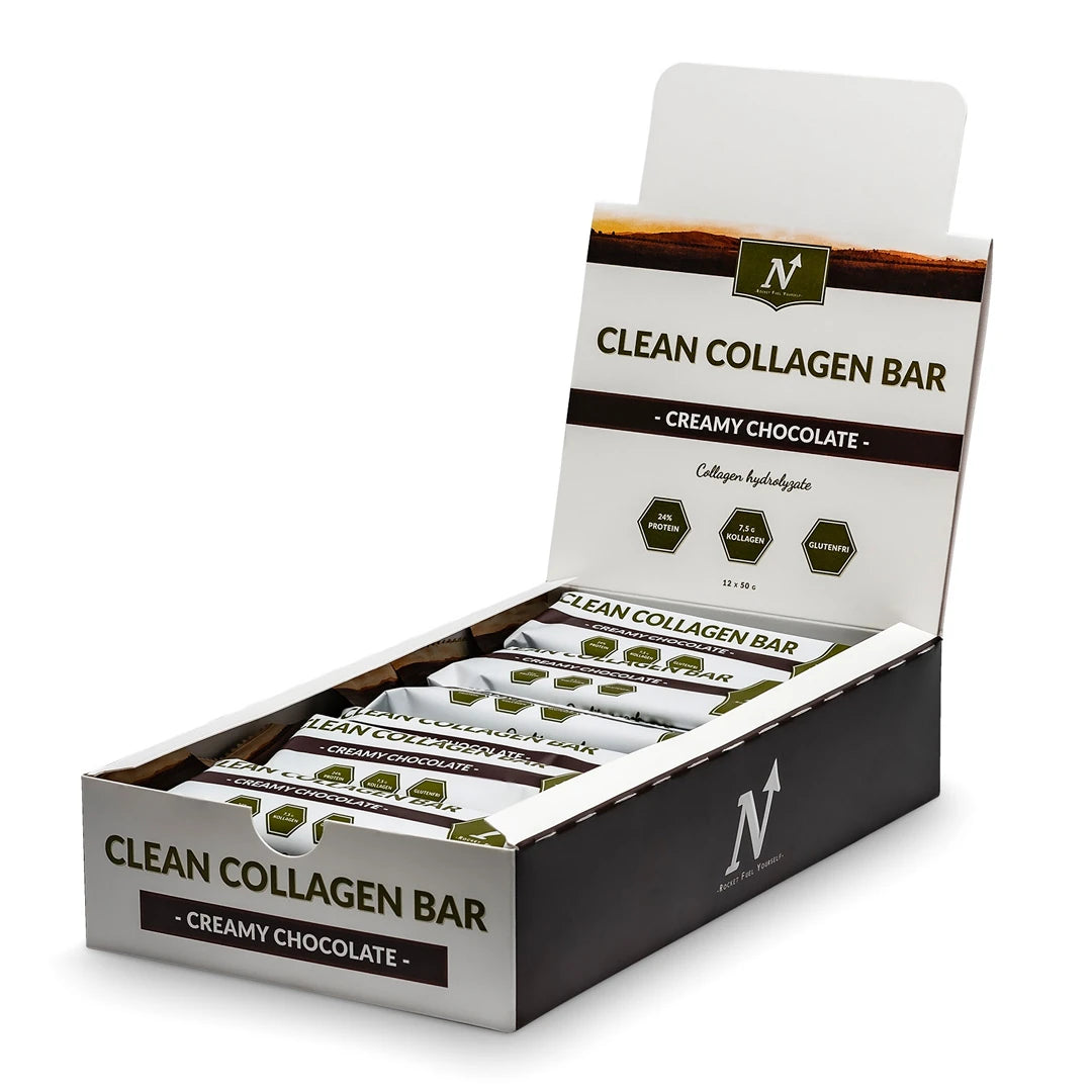 12 x Nyttoteket Clean Collagen Bar 50 g Creamy Chocolate valko-ruskeassa laatikossa täynnä patukoita.