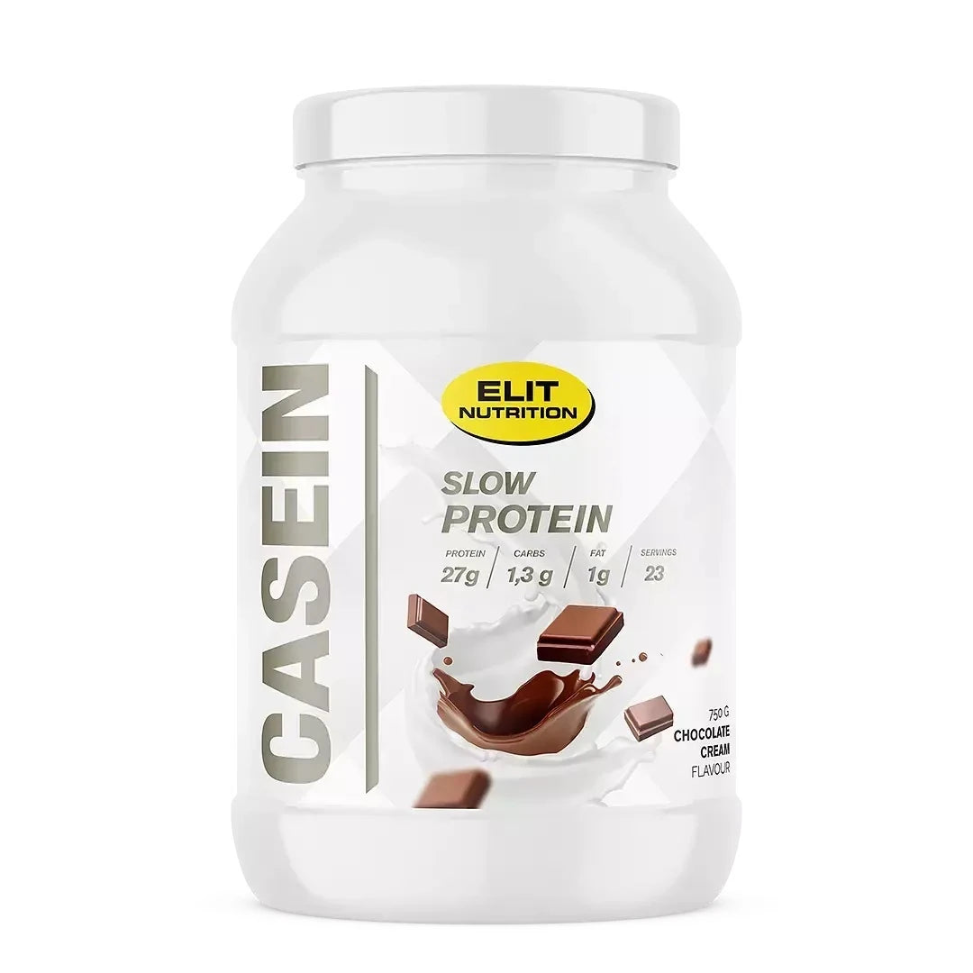 Elit Nutrition Casein 750 g -kaseiiniproteiini valkoisessa purkissa, etiketissä suklaapaloja ja makuna Chocolate Cream.