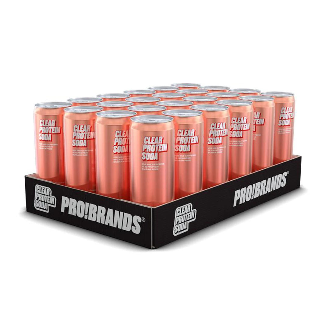 24 x Pro Brands Clear Protein Soda 330 ml Mixflak mustassa laatikossa ruusunvärisillä tölkeillä.
