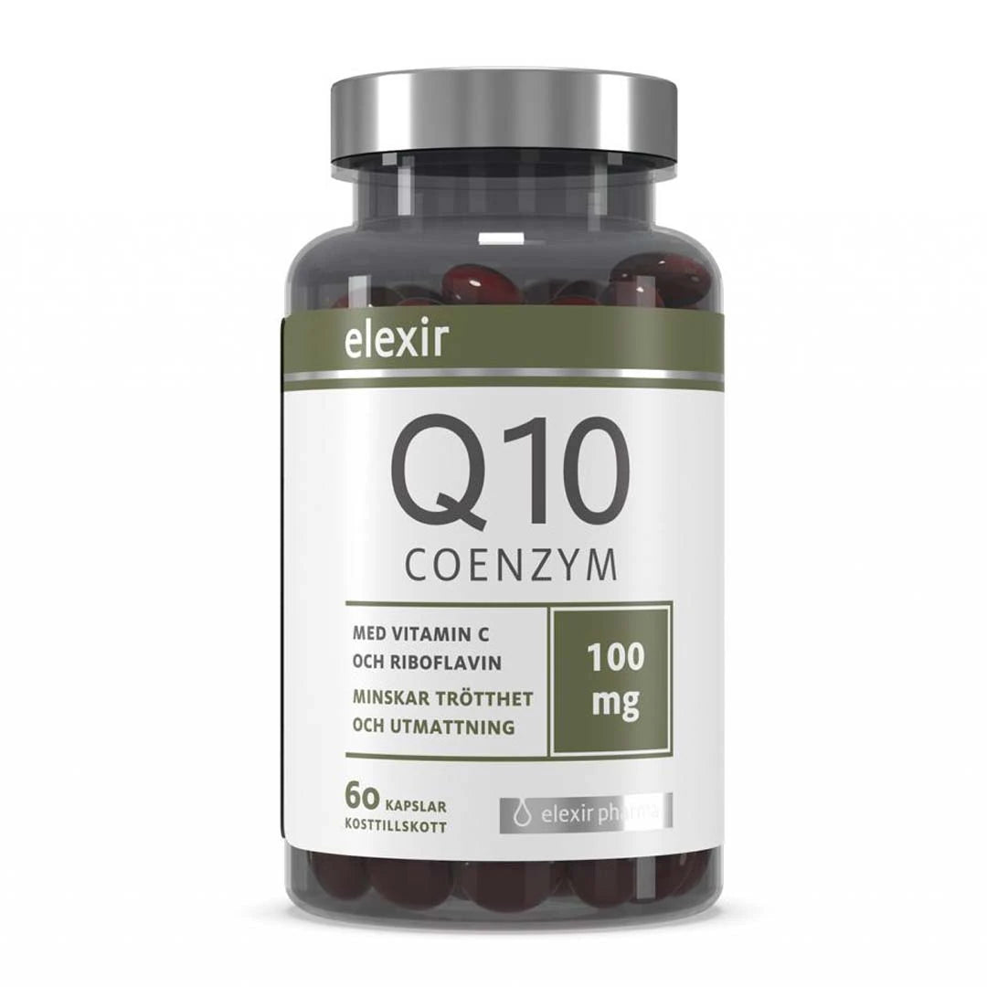 Elexir Pharma Coenzyme Q10 100 mg 60 caps läpinäkyvässä hopeakantisessa purkissa valko-vihreällä etiketillä.