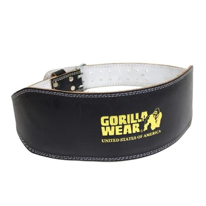 Musta nahkainen Gorilla Wear Full Leather Padded Belt -treenivyö, jossa on leveä selkäosa ja kullanvärinen logo.