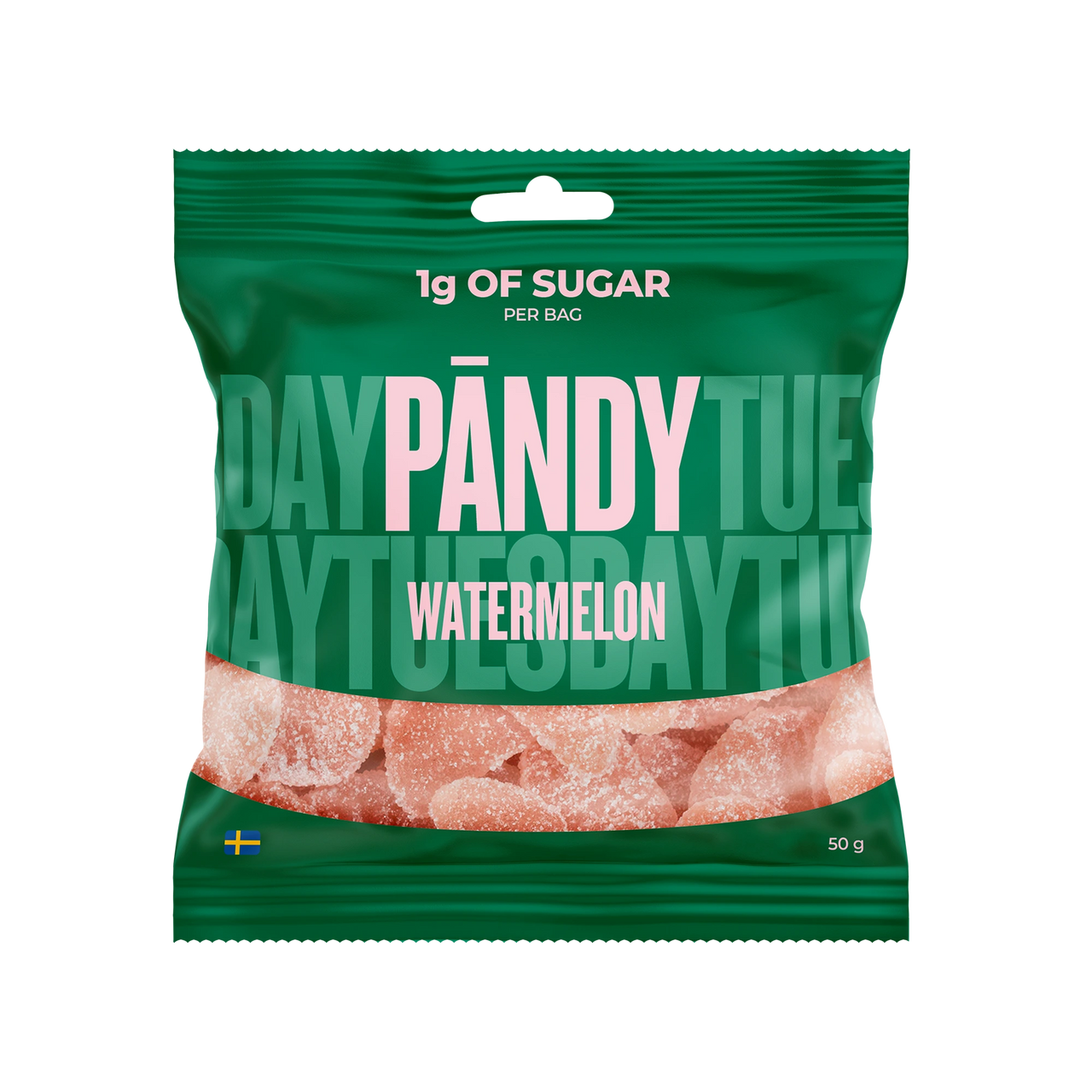 Pändy Candy 50 g Watermelon -hyytelömakeisia vihreässä pussissa vaaleanpunaisilla yksityiskohdilla.