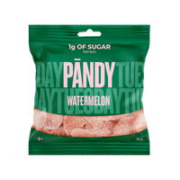 Pändy Candy 50 g Watermelon -hyytelömakeisia vihreässä pussissa vaaleanpunaisilla yksityiskohdilla.