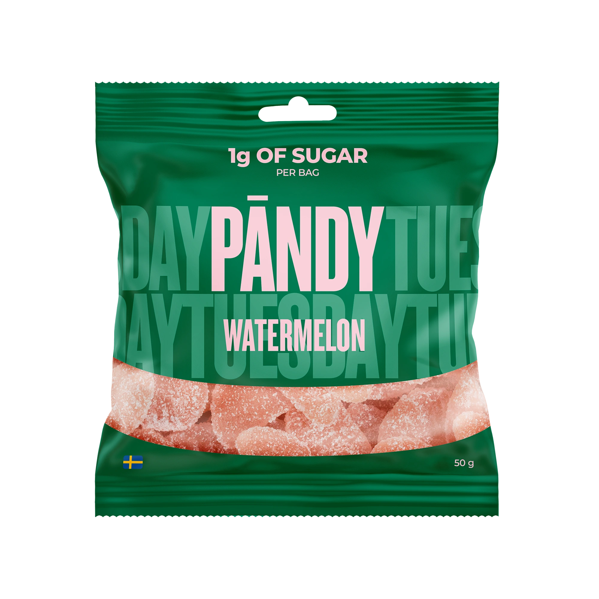Pändy Candy 50 g Watermelon -hyytelömakeisia vihreässä pussissa vaaleanpunaisilla yksityiskohdilla., kuva 1/1