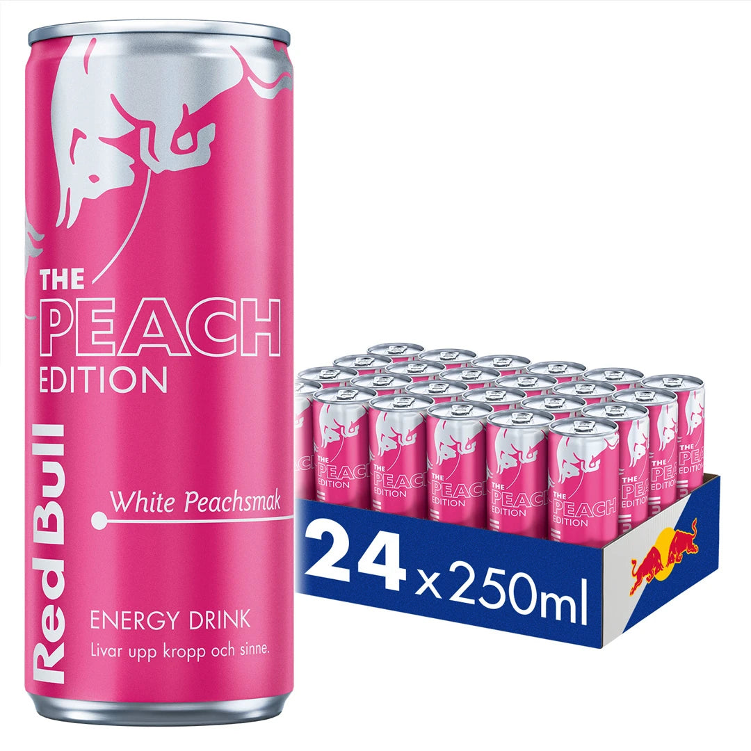 24 x Red Bull 250 ml White Peach -lava, jossa on vaaleanpunaisia tölkkejä The Peach Edition -merkinnällä.