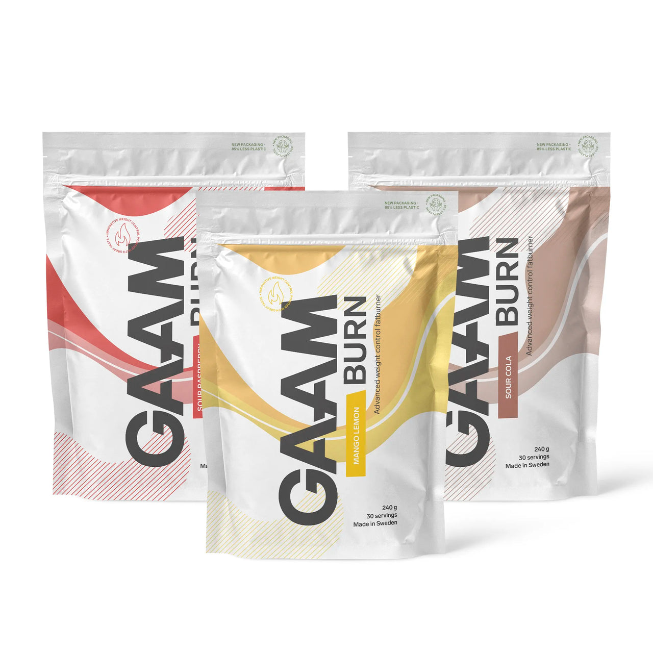 3 x GAAM Burn 240 g -rasvanpolttaja kolmessa valkoisessa pussissa punaisilla, keltaisilla ja ruskeilla yksityiskohdilla.