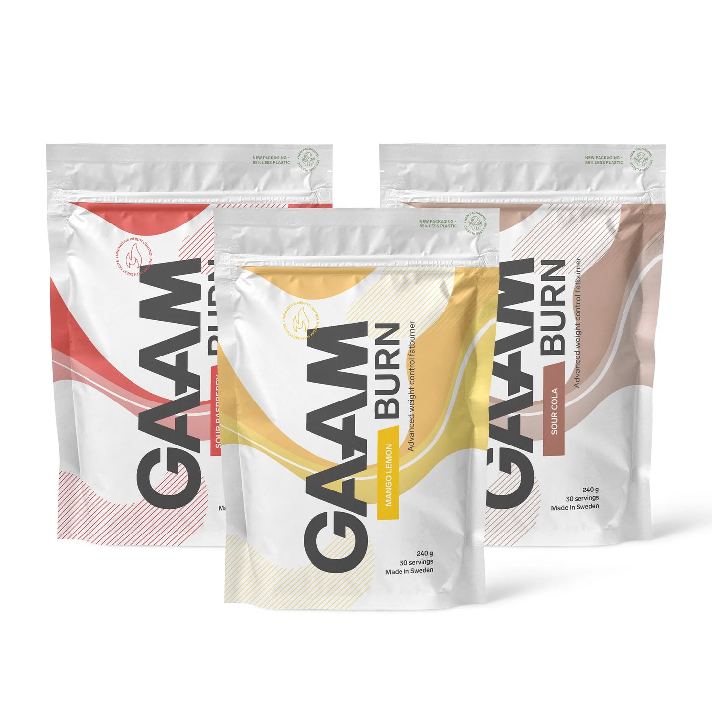 3 x GAAM Burn 240 g -rasvanpolttaja kolmessa valkoisessa pussissa punaisilla, keltaisilla ja ruskeilla yksityiskohdilla.