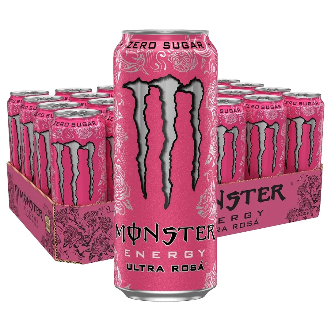 24 x Monster Energy 500 ml Ultra Rosa sokeriton energiajuoma kuviollisessa pinkissä laatikossa.