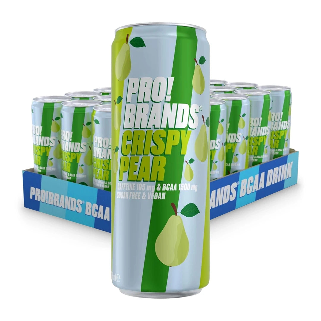 24 x Pro Brands BCAA Drink 330 ml Crispy Pear sinisessä laatikossa, jossa vihreänsinisiä päärynäkuvioisia tölkkejä.