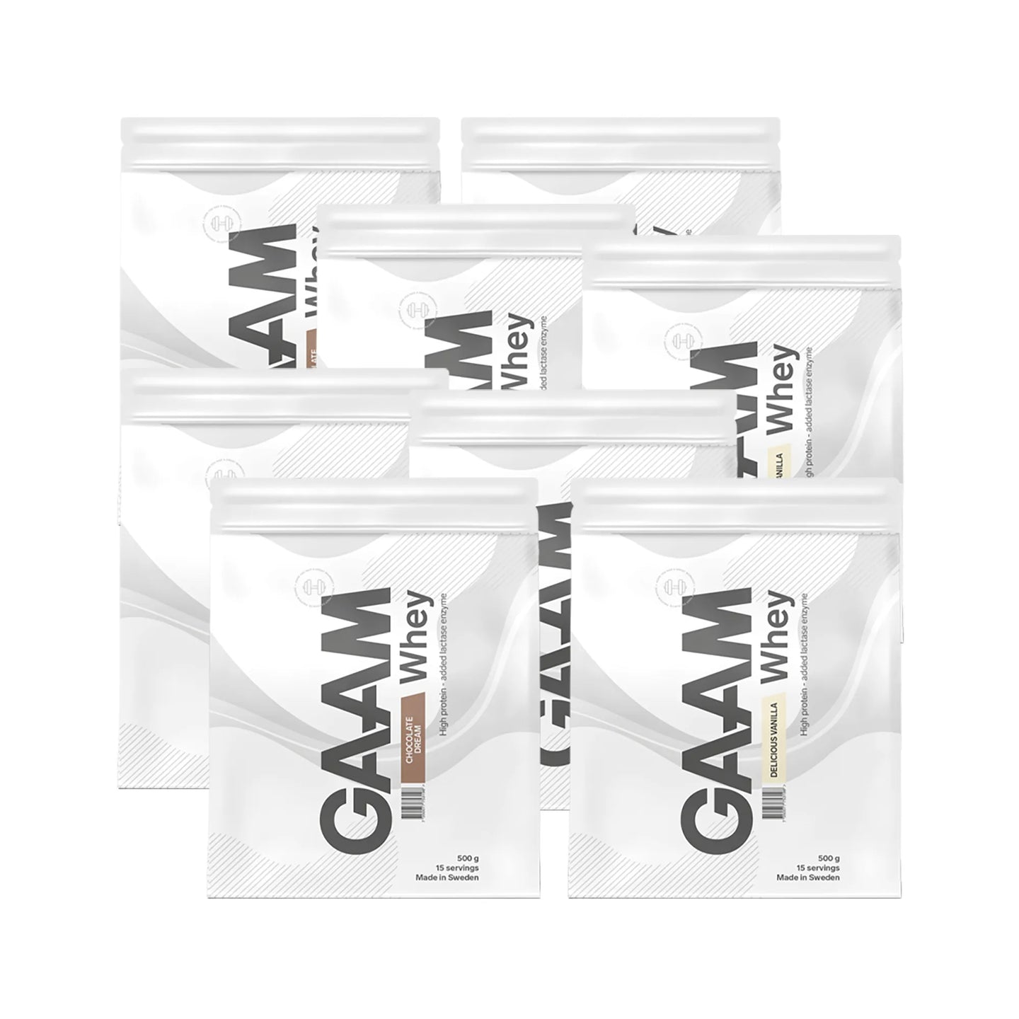 8 x GAAM Whey Proteinpulver 500 g valkoisissa pusseissa mustilla yksityiskohdilla useille eri mauille.