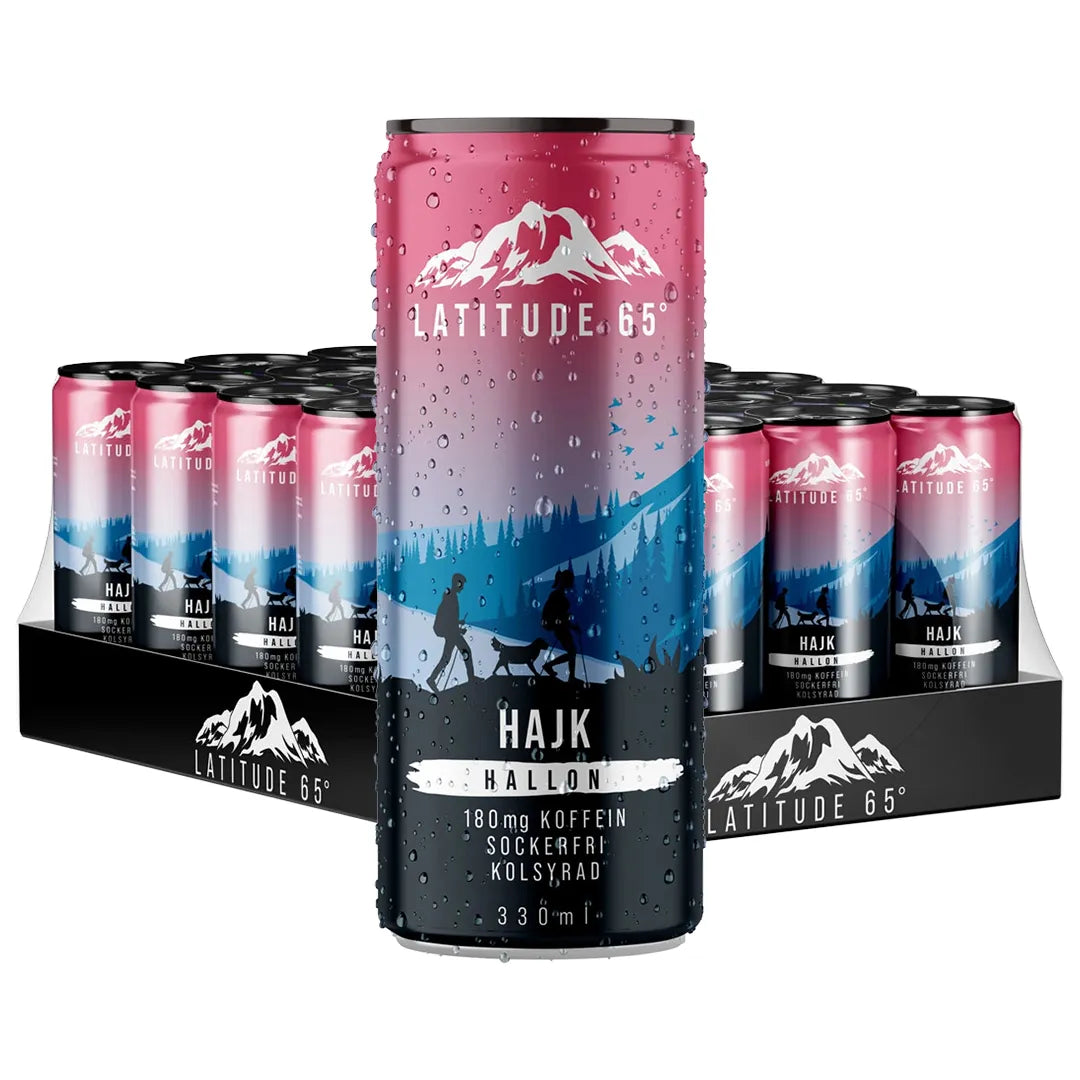 24 x Latitude 65 330 ml HAJK - Hallon energiajuomatölkit mustassa laatikossa pinkillä, sinisellä ja mustalla designilla.