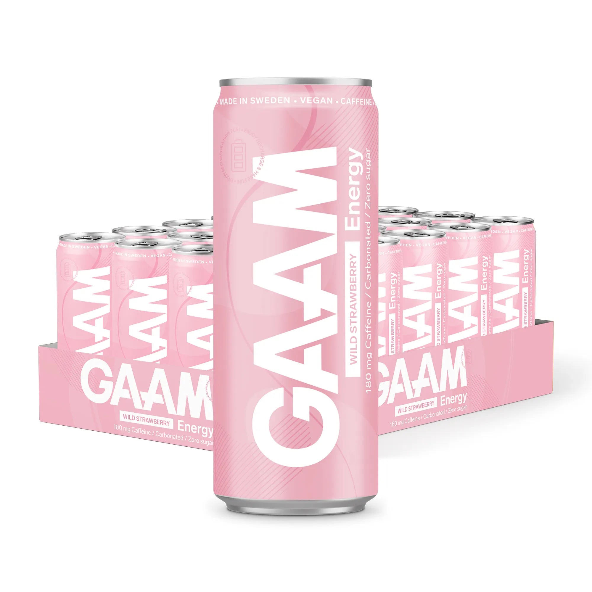 24 x GAAM Energy 330 ml Wild Strawberry -energiajuomia pinkissä laatikossa vaaleanpunaisilla tölkeillä.