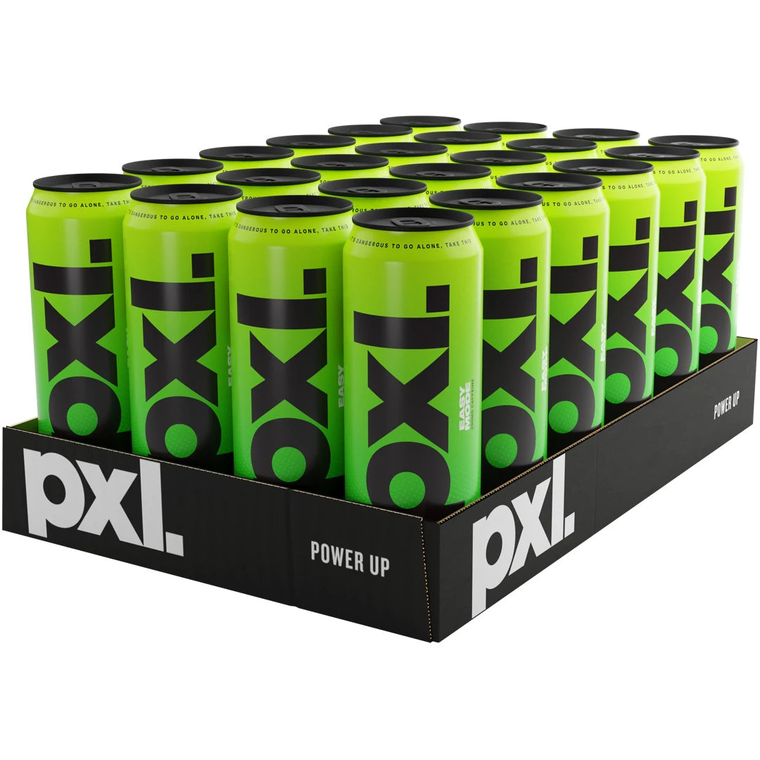 24 x PXL Energy 500 ml Easy Mode mustassa laatikossa, jossa on neonvihreitä energiajuomatölkkejä ja musta logo.