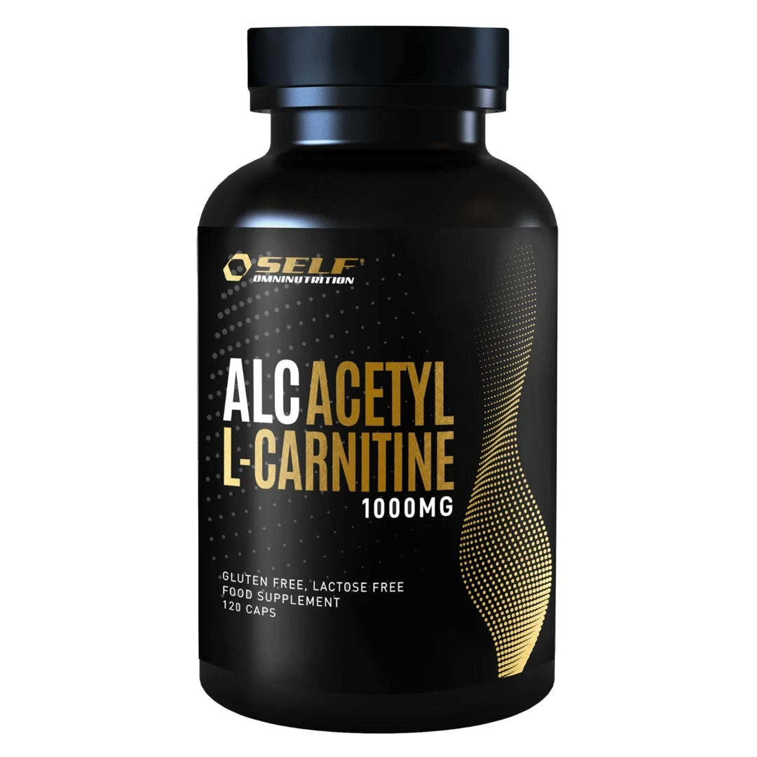 Self Omninutrition ALC 120 caps -ravintolisä mustassa muovipurkissa kultaisilla yksityiskohdilla.