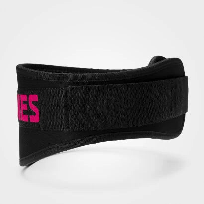 Musta Better Bodies Womens gym belt Black/pink -treenivyö tarranauhalla ja vaaleanpunaisilla logoyksityiskohdilla.