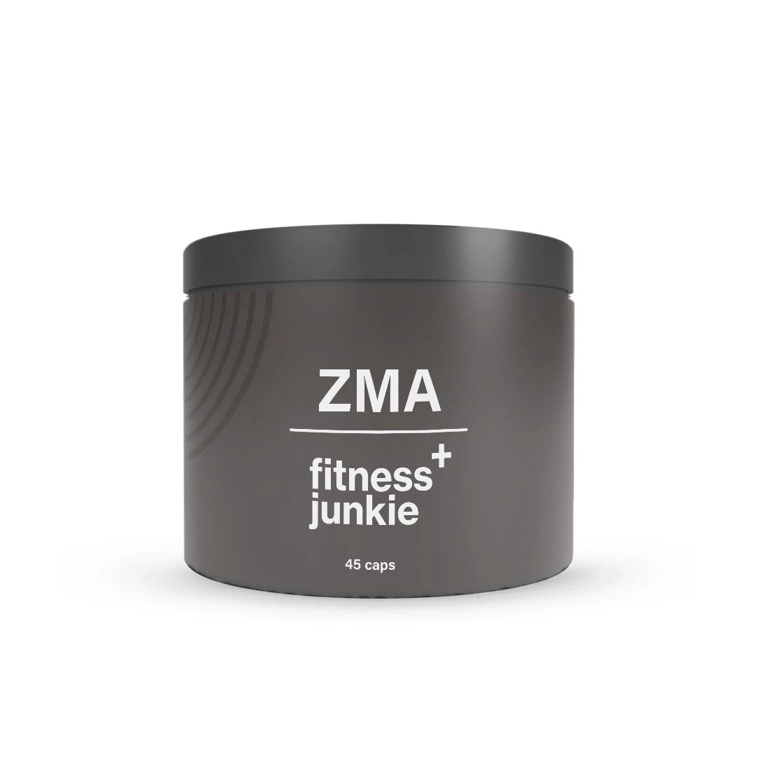 fitnessjunkie ZMA 45 caps -ravintolisä tyylikkäässä tummanharmaassa purkissa valkoisella tekstillä.