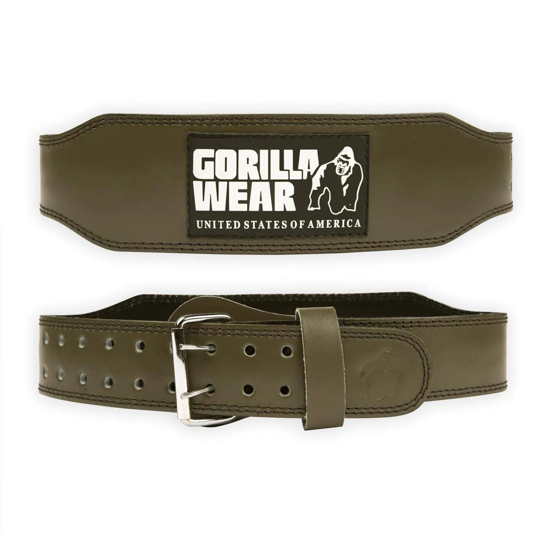 Vihreä nahkainen Gorilla Wear 4 Inch Padded Leather Belt Army Green -treenivyö metallisoljella.