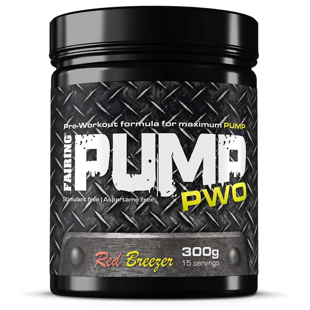 Fairing PUMP 300 g pre-workout-jauhe mustassa purkissa, jossa on kuvioitu etiketti ja makuna Red Breezer.